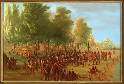 サールが十字架を立て、土地を占有している様子。1682年3月25日 - ジョージ・キャトリン

Source:
La Salle érigeant une croix et prenant possession du terrain. 25 mars 1682 - George Catlin