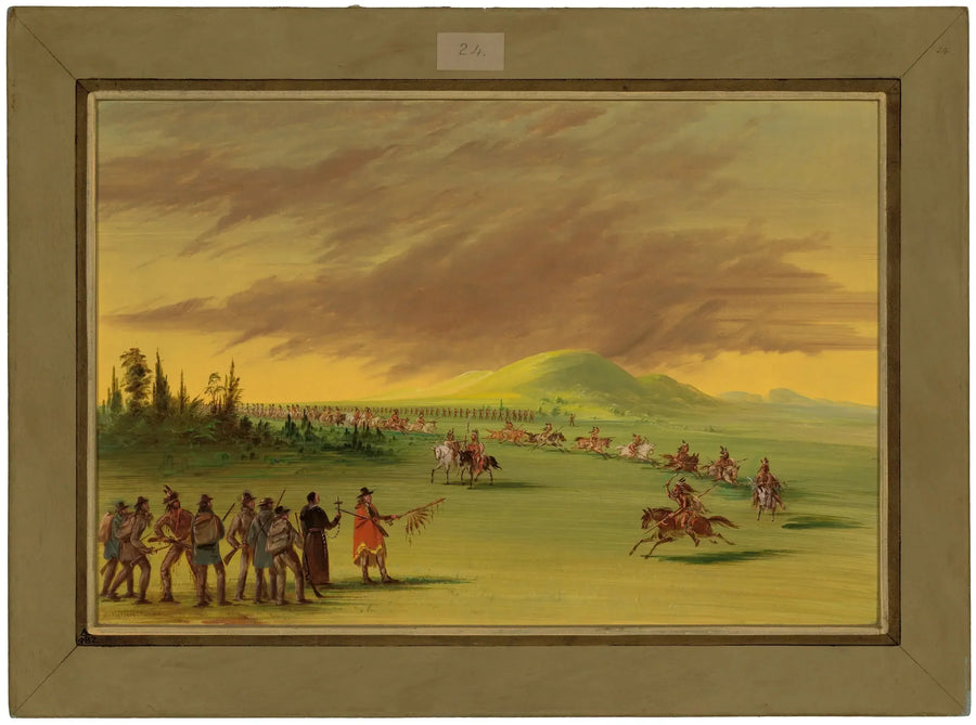 ラ・サールはテキサスの草原でシニスのインディアン戦士のグループと出会う。1686年4月25日 - ジョージ・キャトリン

Source:
La Salle rencontre un groupe de guerriers indiens Cenis dans une prairie du Texas. 25 avril 1686 - George Catlin