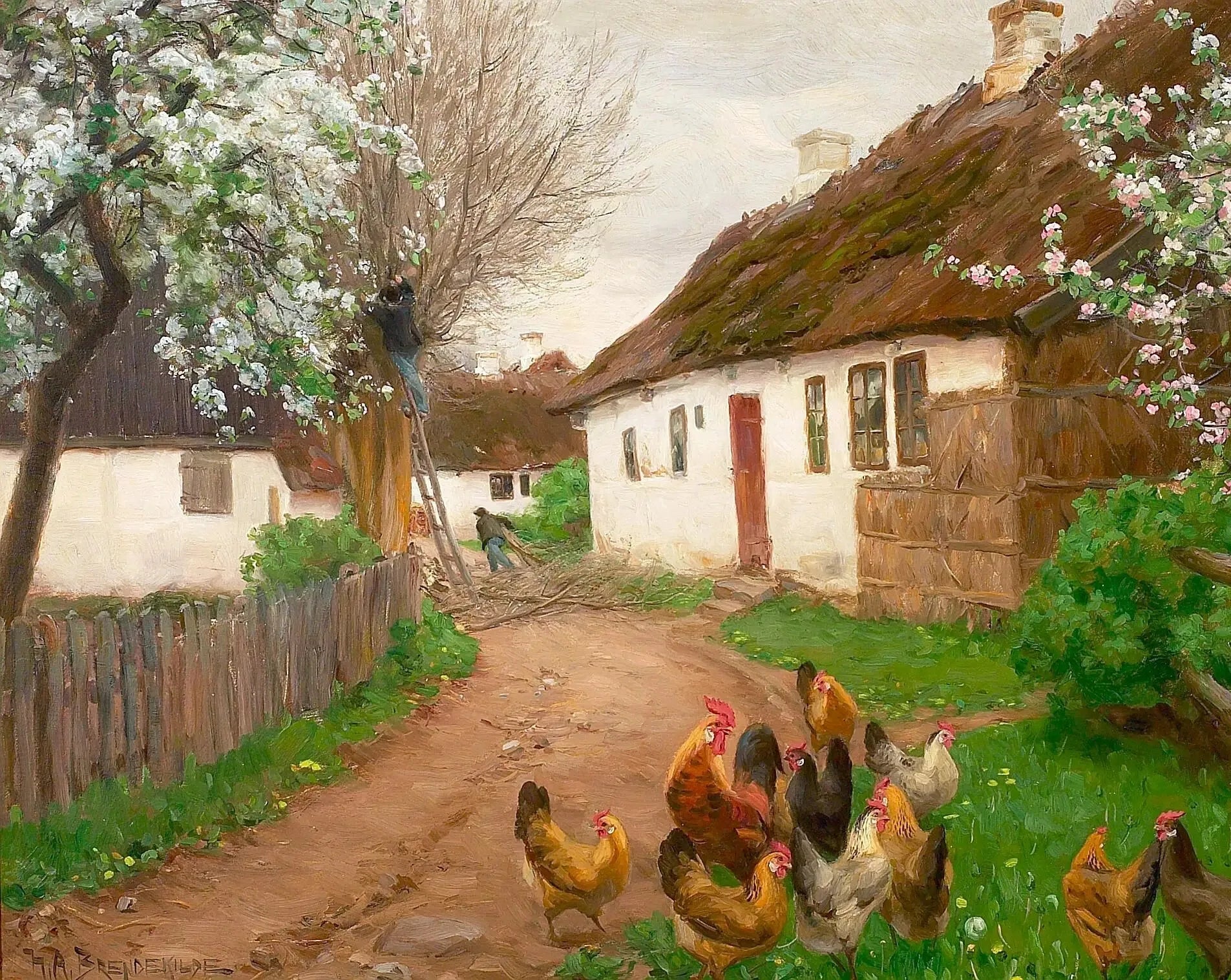 La vie du village un jour de printemps avec des gens et des arbres. - H. A. Brendekilde image 1 reproduction de peinture à l’huile