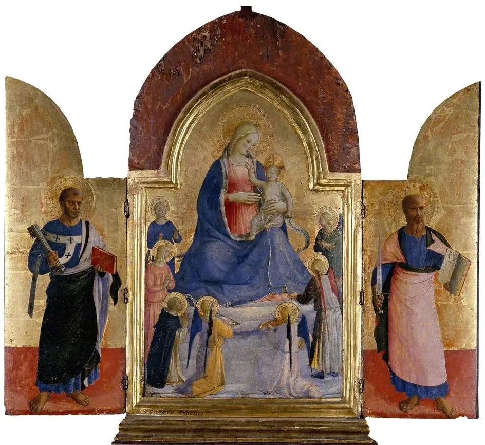 La Vierge à l'Enfant avec des anges et un saint dominicain (au centre) ; saint Pierre (à gauche) ; saint Paul (à droite) - Fra Angelico image 1 reproduction de peinture à l’huile