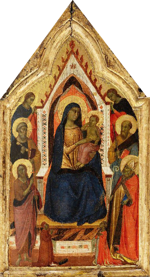 La Vierge à l'Enfant trônant, flanquée des saints Jean-Baptiste, Pierre, Paul et Zénobe (?) et de deux anges, en dessous d'eux deux donateurs - Taddeo Gaddi image 1 tableau peint à l’huile sur toile