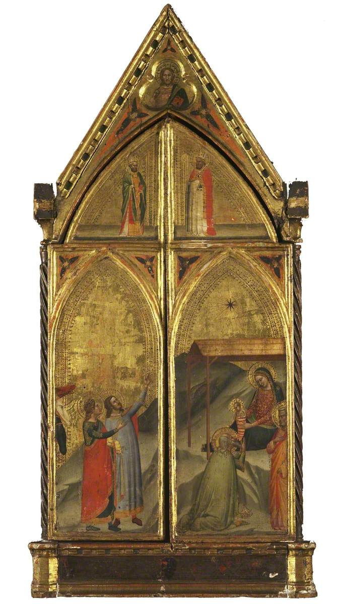 聖人とともに玉座に座る幼い聖母子（閉じた三連祭壇画） - ベルナルド・ダッディ