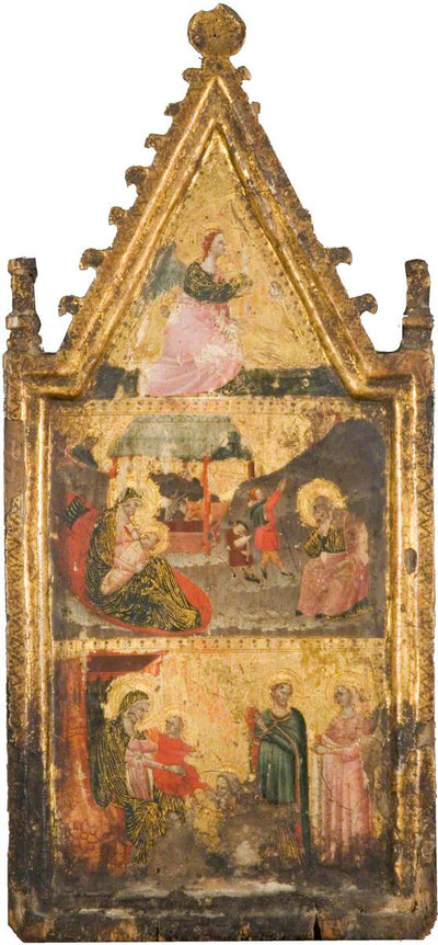 L’Ange de l’Annonciation (en haut) la Nativité et l’Annonciation aux bergers (au centre) l’Adoration des Rois mages (en