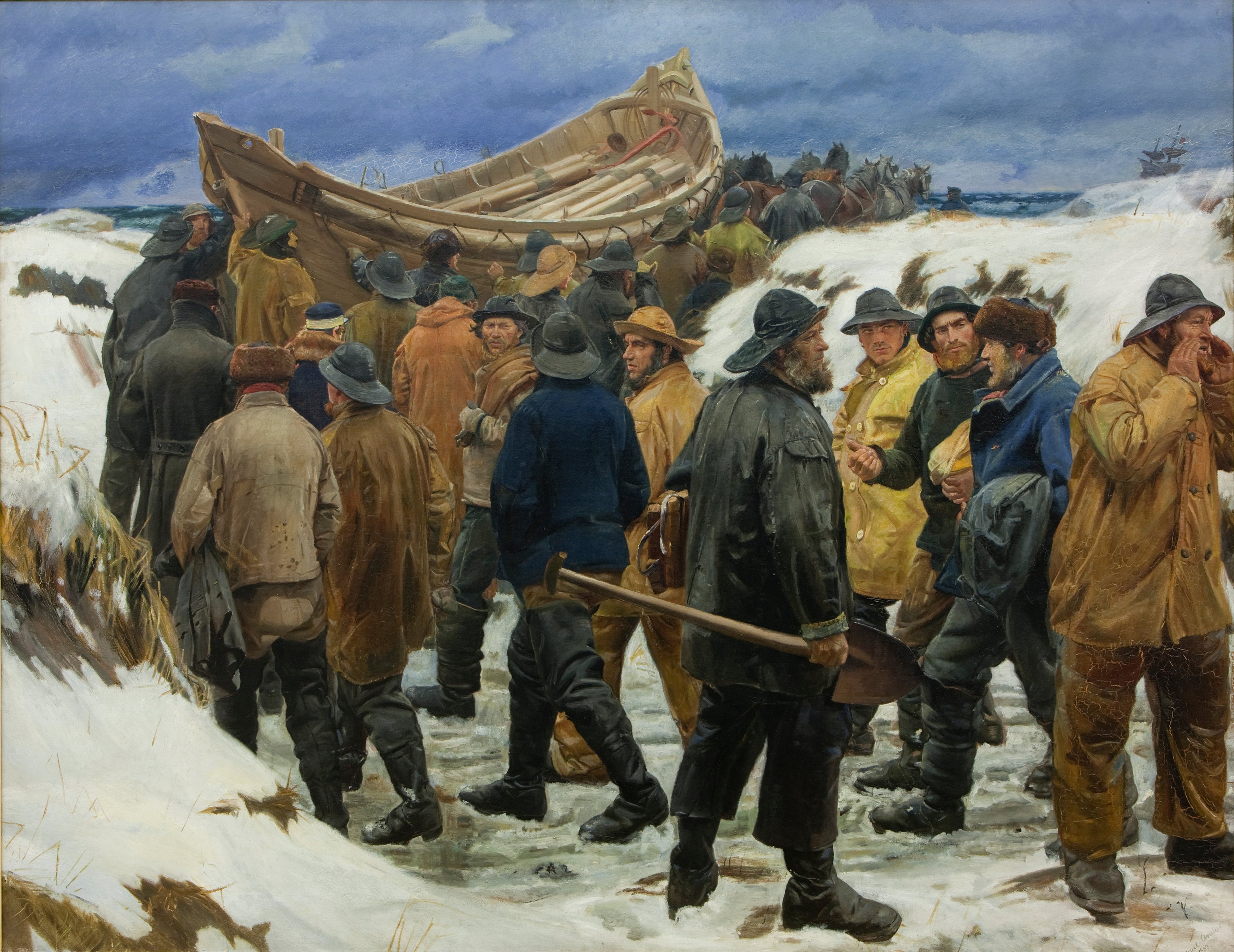 Le canot de sauvetage est pris dans les dunes - Michael Peter Ancher image 1 reproduction de peinture à l’huile