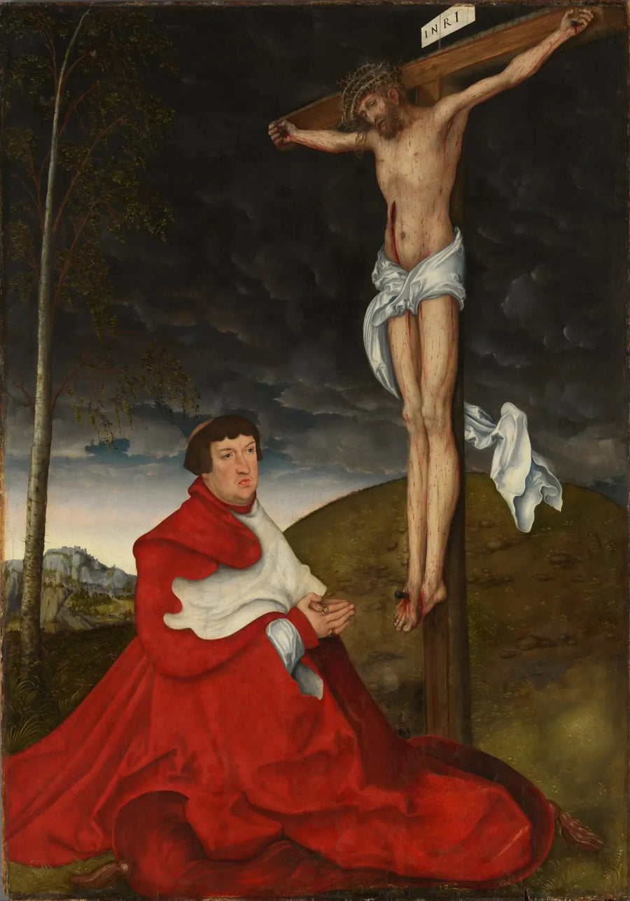 Le cardinal Albrecht von Brandenbourg devant la Crucifixion - Lucas Cranach the Elder image 1 reproduction artisanale de tableau
