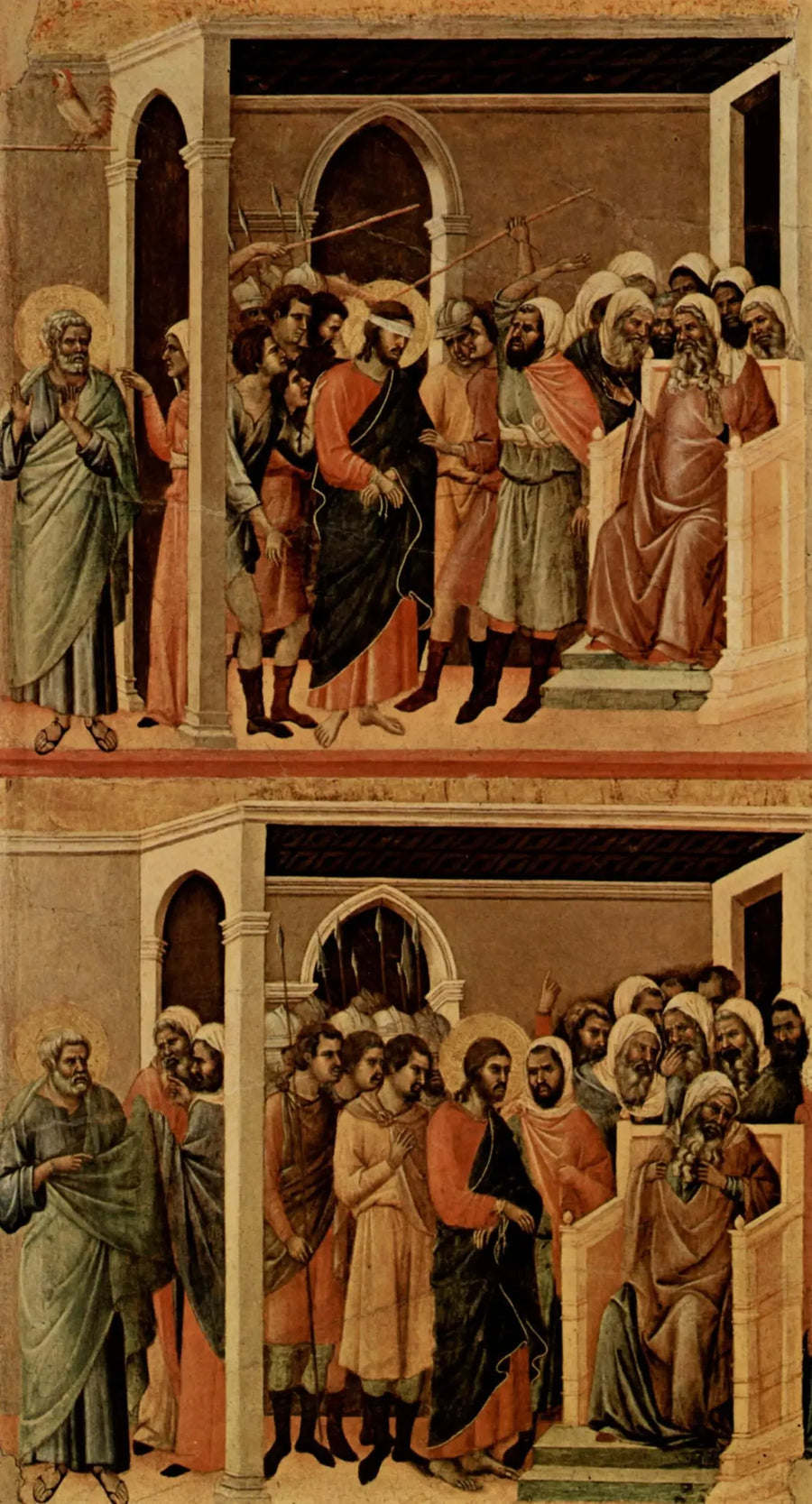 嘲笑されたキリスト（上）; カイアファの前のキリスト（下） - ドゥッチョ・ディ・ブオニンセグナ