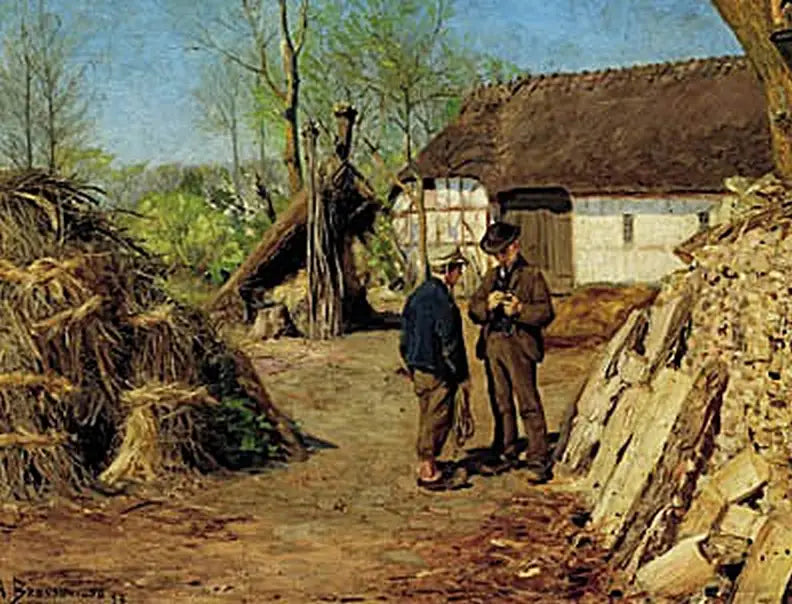 若い農場主の息子が若い農民に話しかけている。 - H. A. Brendekilde

Source:
Le fils d'un jeune fermier parle à un jeune paysan. - H. A. Brendekilde