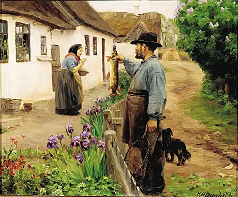 「漁師」。漁師が年配の女性に新鮮な大きなワカサギを渡す。 - H. A. Brendekilde

Source:
« Le Pêcheur ». Un pêcheur offre un grand brochet frais à une vieille femme. - H. A. Brendekilde