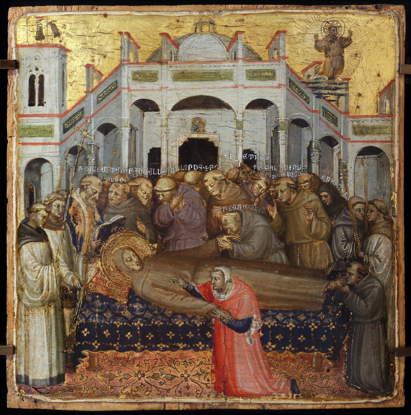 サン・フランチェスコの葬儀：最初のフランシスコ修道士たち、シルヴェストル、アンジェルス、レオン、フィリップ、ピエール、ベルナール、サバティヌス、バルバロ、ジル、マッセウス、モーリスの前での傷の検査 - ビッチィ・ディ・ロレンツォ