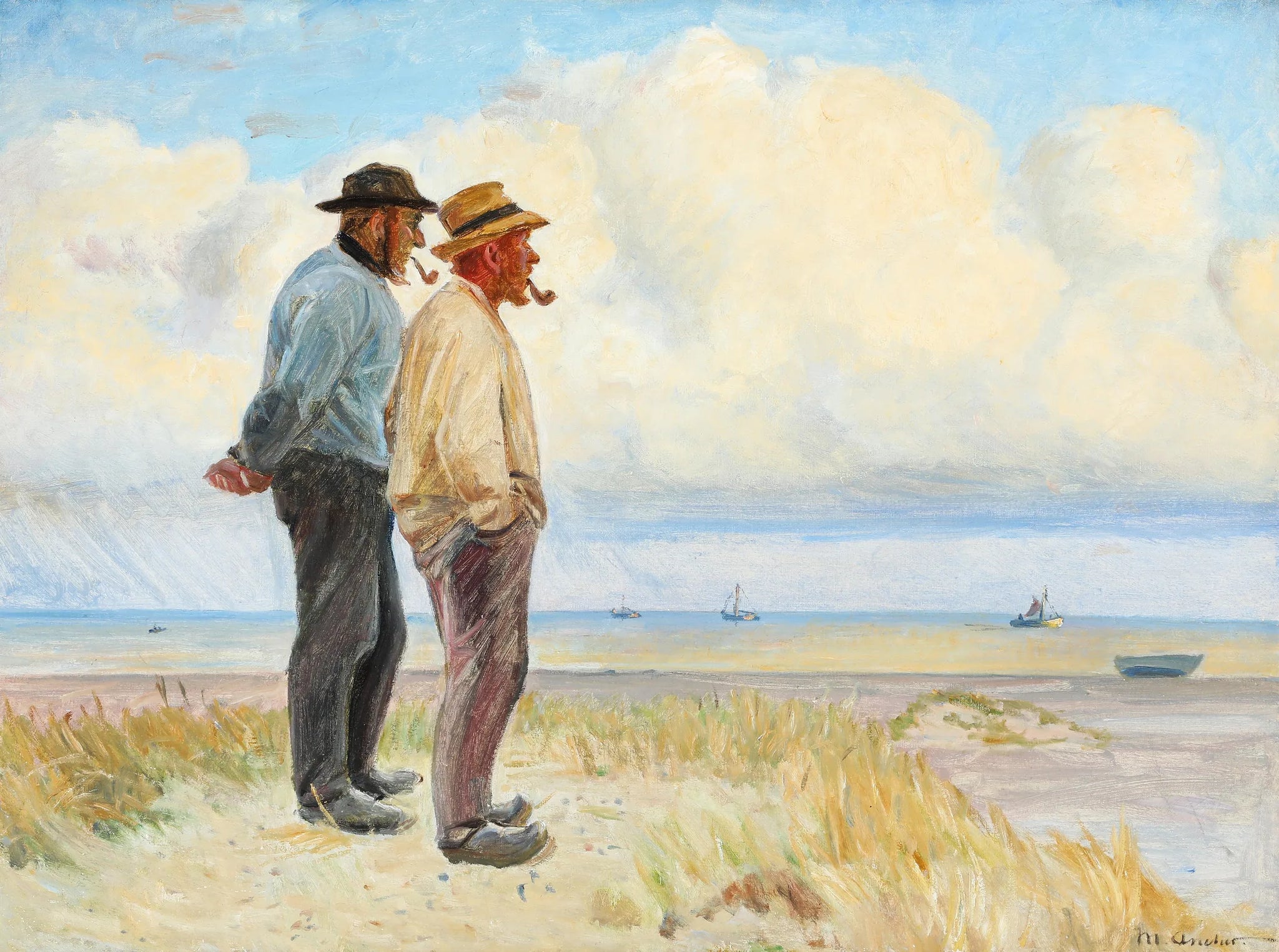 Les pêcheurs de Skagen Rasmus Bergen Sørensen et Bøj Andersen debout sur la plage. - Michael Peter Ancher image 1 copie peinte à la main à l’huile