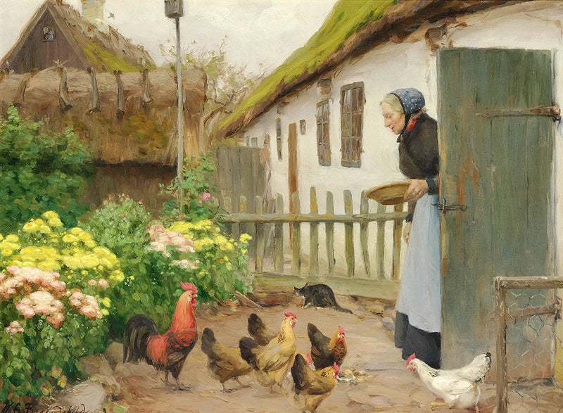 鶏は飼育されています。 - H. A. Brendekilde

Source:
Les poules sont nourries. - H. A. Brendekilde