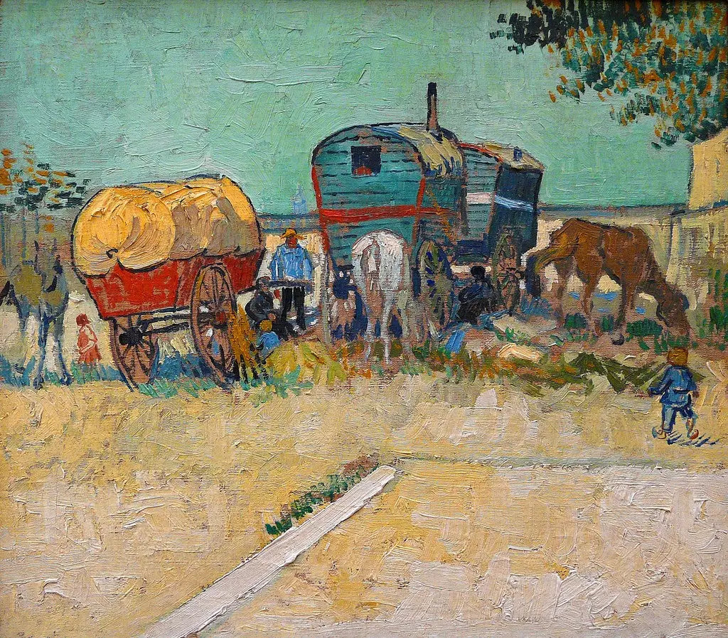 Les Roulottes, campement de bohèmes aux environs d'Arles - Vincent van Gogh image 1 copie de tableau peinte à la main