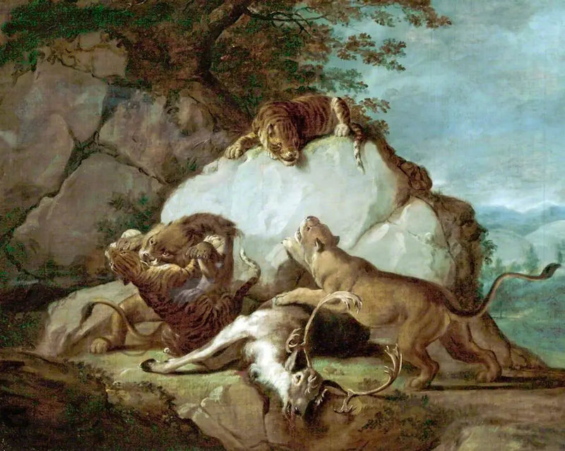 ライオンとトラが鹿のために戦っている - ジョージ・スタッブス

Source:
Lions et tigres se battant pour un cerf - George Stubbs