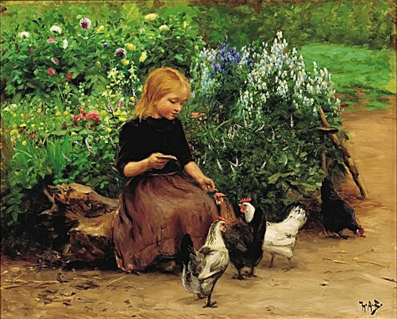 リセは鶏に餌をやる。 - H. A. ブレンデキルデ

Source:
Lise nourrit les poules. - H. A. Brendekilde