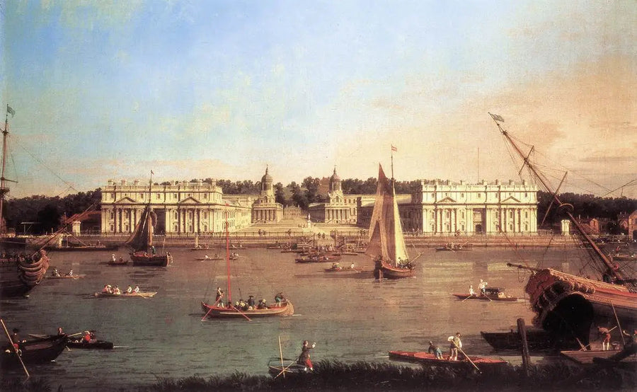ロンドン：テムズ川北岸から見たグリニッジ病院 - カナレット

Source:
Londres : l'hôpital de Greenwich depuis la rive nord de la Tamise - Canaletto