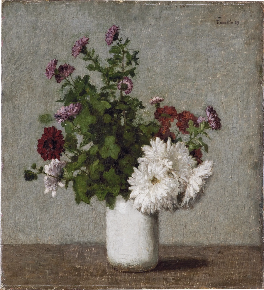 秋の菊の花が白い花瓶に生けられた静物画 - アンリ・ファンタン＝ラトゥール

Source:
Nature morte aux fleurs : chrysanthèmes d'automne dans un vase blanc - Henri Fantin-Latour
