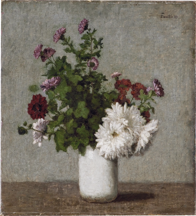 秋の菊の花が白い花瓶に生けられた静物画 - アンリ・ファンタン＝ラトゥール

Source:
Nature morte aux fleurs : chrysanthèmes d'automne dans un vase blanc - Henri Fantin-Latour