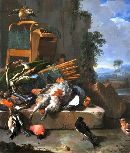 Nature morte aux oiseaux (Matériel de chasse). - Melchior de Hondecoeter image 1 reproduction artisanale de tableau