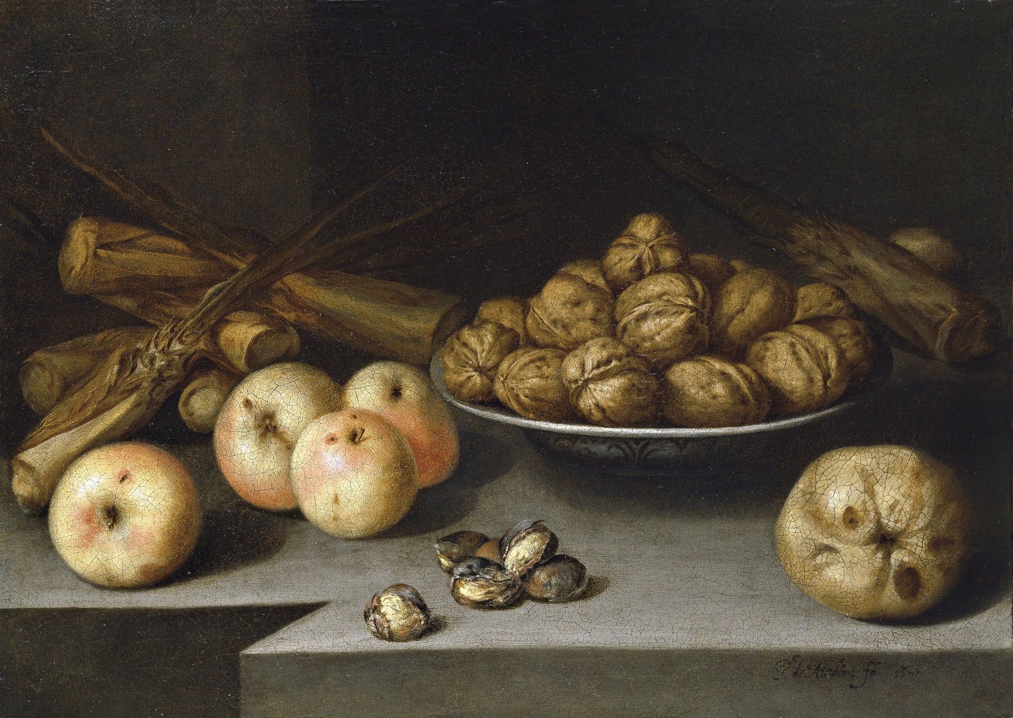 Nature morte aux pommes, noix et canne à sucre - Pedro de Medina Valbuena