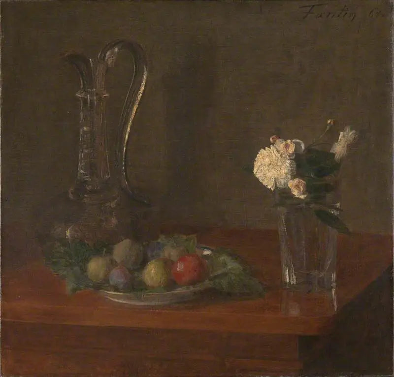 ガラスのピッチャー、果物と花の静物画 - アンリ・ファンタン＝ラトゥール

Source:
Nature morte avec pichet en verre, fruits et fleurs - Henri Fantin-Latour