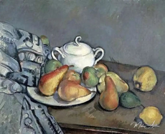 Nature morte avec sucrier, poires et nappe - Paul Cézanne - Reproductions de tableaux et peintures haut de gamme