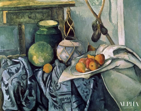 Nature morte avec un flacon et des aubergines - Paul Cézanne - Reproductions de tableaux et peintures haut de gamme