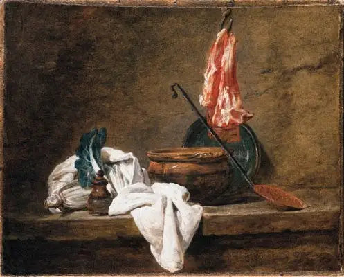 キリスト教の静物画：布巾、鍋、皿、レードル、フックに掛けられた肉 - ジャン・シメオン・シャルダン