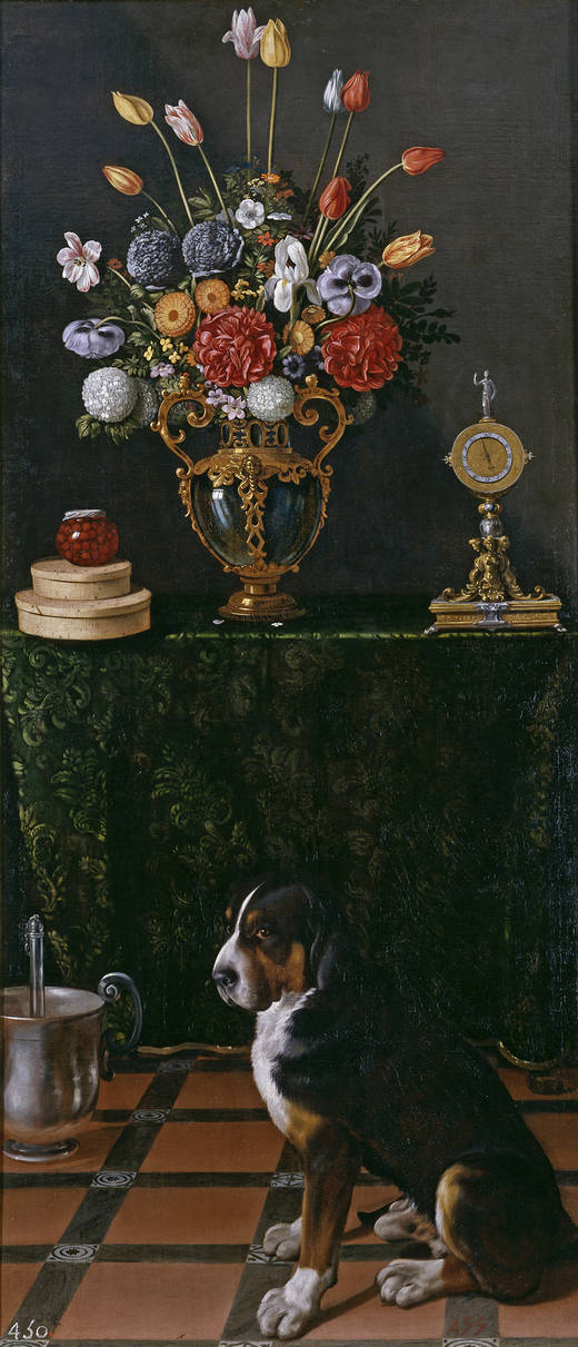 Nature morte avec un vase de fleurs et un chien - Juan van der Hamen image 1 reproduction artisanale de tableau