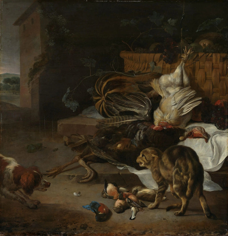 鶏肉と果物の静物画 - メルキオール・ド・ホンデクーター