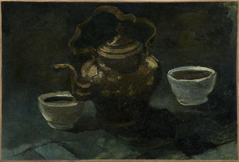 静物画、銅製のコーヒーポットと二つの白いボウル - Vincent van Gogh
