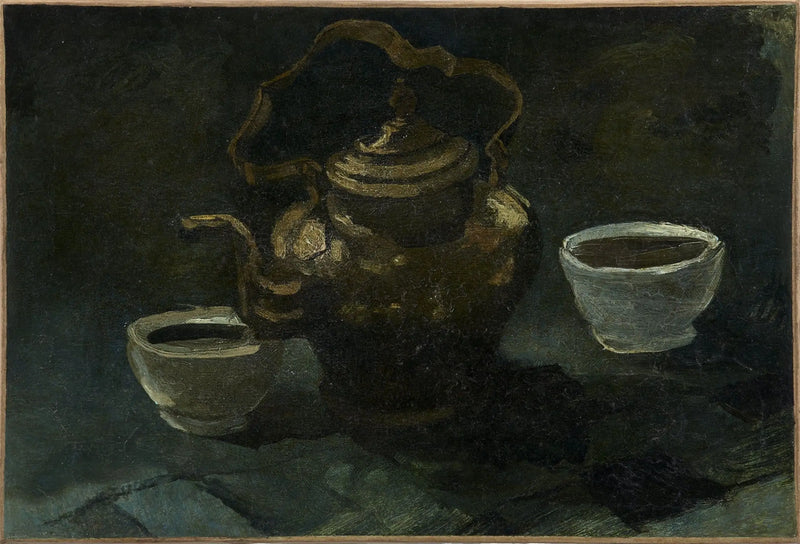 静物画、銅製のコーヒーポットと二つの白いボウル - Vincent van Gogh