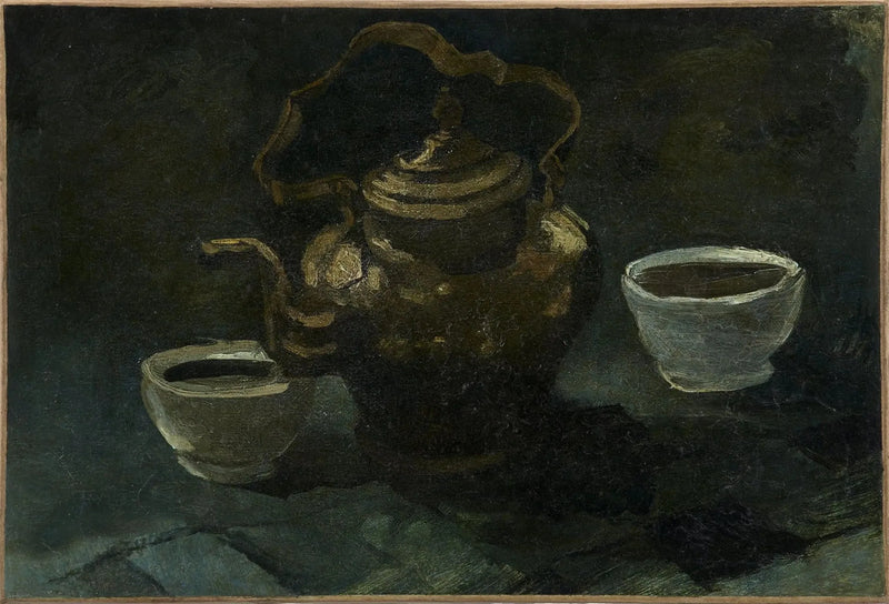 静物画、銅製のコーヒーポットと二つの白いボウル - Vincent van Gogh
