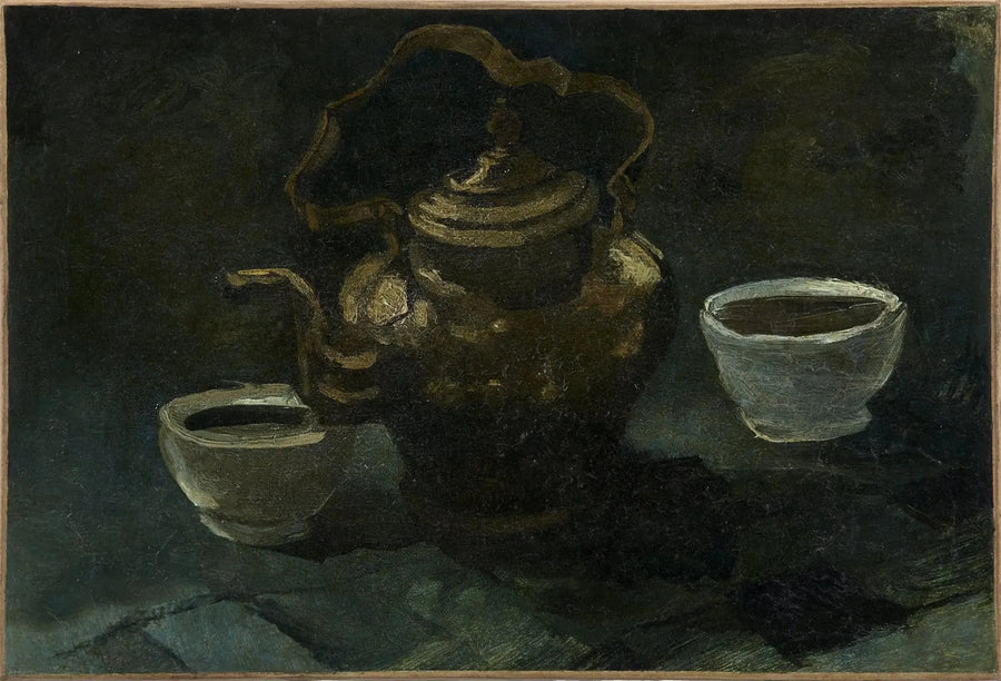 静物画、銅製のコーヒーポットと二つの白いボウル - Vincent van Gogh