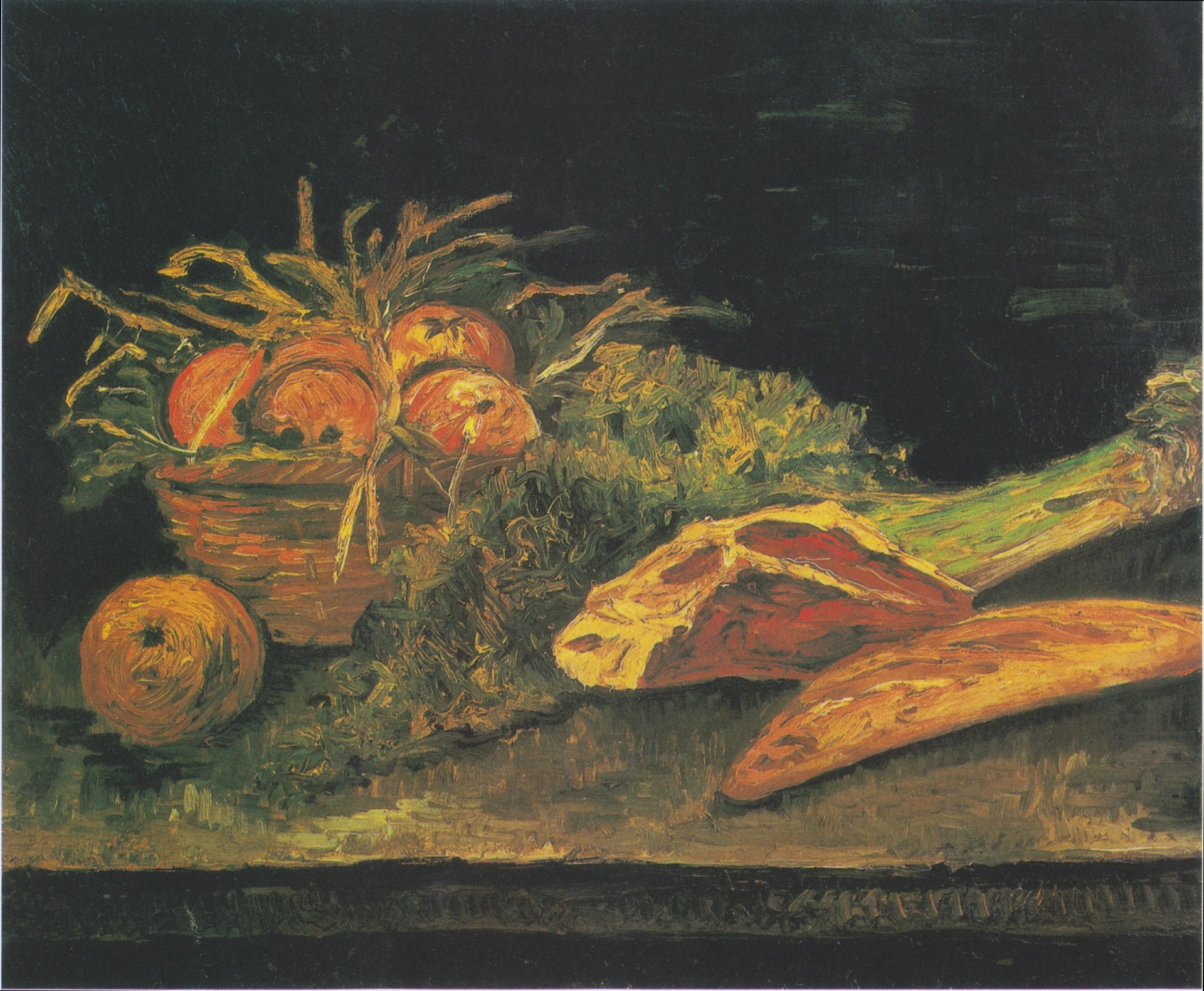 Nature morte au panier de pommes, viande et petits pains F219 — provisions disposées sur une table sombre par Vincent van Gogh