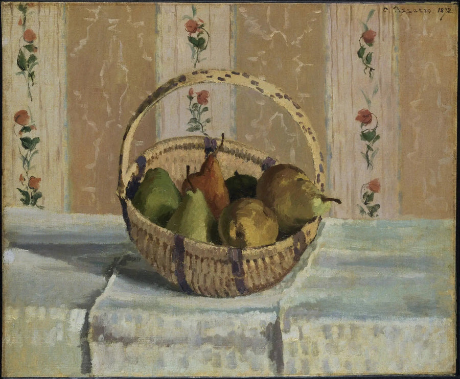 静物画：丸いバスケットの中のリンゴとナシ - カミーユ・ピサロ