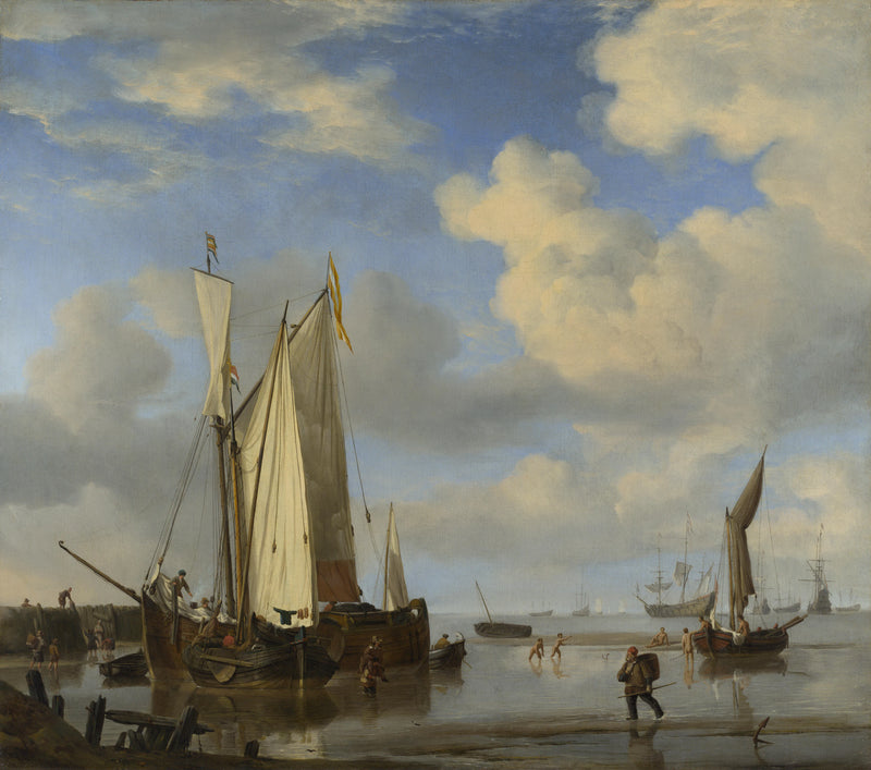 Navires hollandais côtiers et hommes se baignant - Willem Van de Velde le Jeune