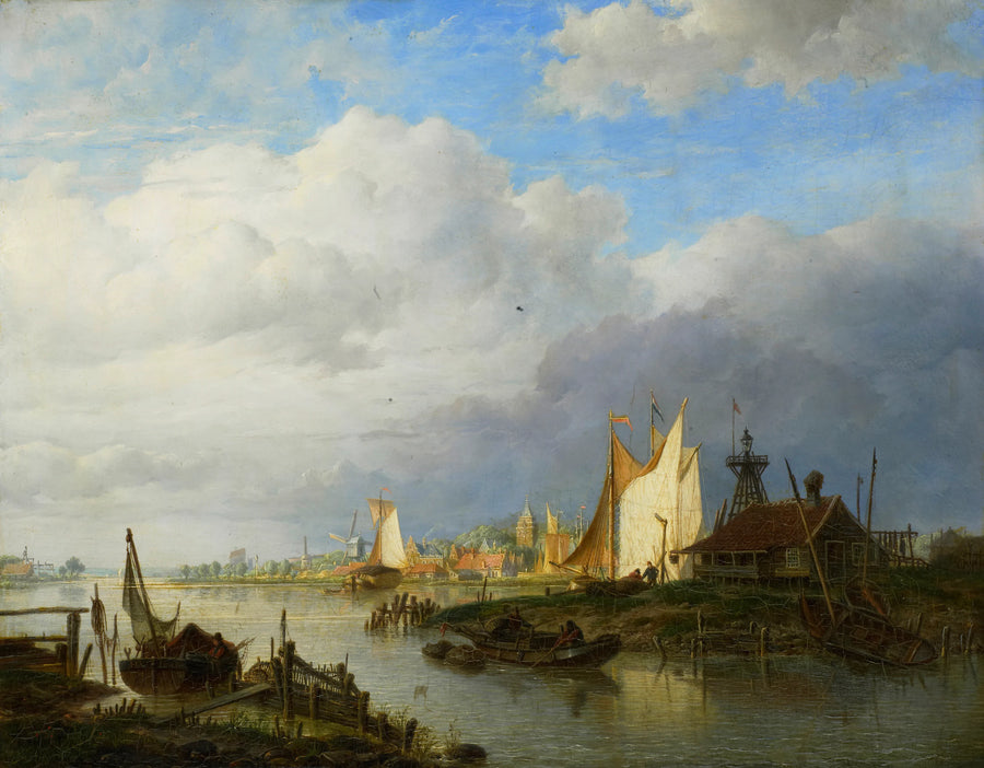 Navires sur une rivière près d’une balise lumineuse - Hendrik Vettewinkel