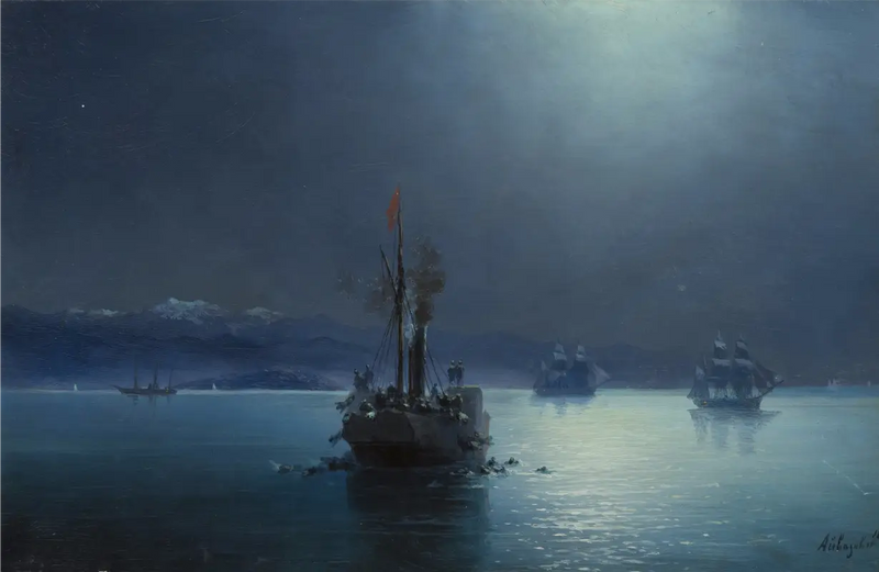 静かな夜：トルコの船から海に投げ捨てられたアルメニア人 - イワン・アイヴァゾフスキー

Source:
Nuit tranquille : des Arméniens jetés par-dessus bord depuis des navires turcs - Ivan Aïvazovski