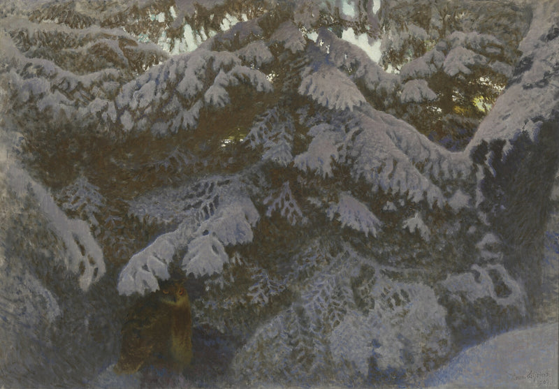 Oehoe onder besneeuwde sparren - Bruno Liljefors