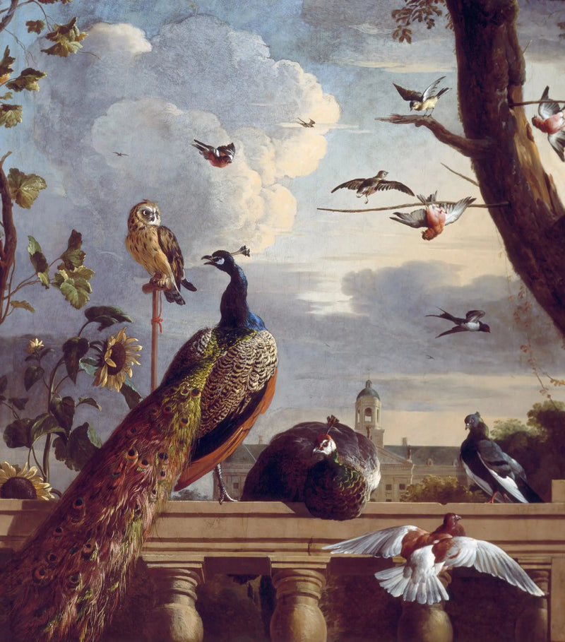鳥たちが手すりの周りに集まり、背景にアムステルダム市庁舎が見える、1670年 - メルキオール・ド・ホンデクーター