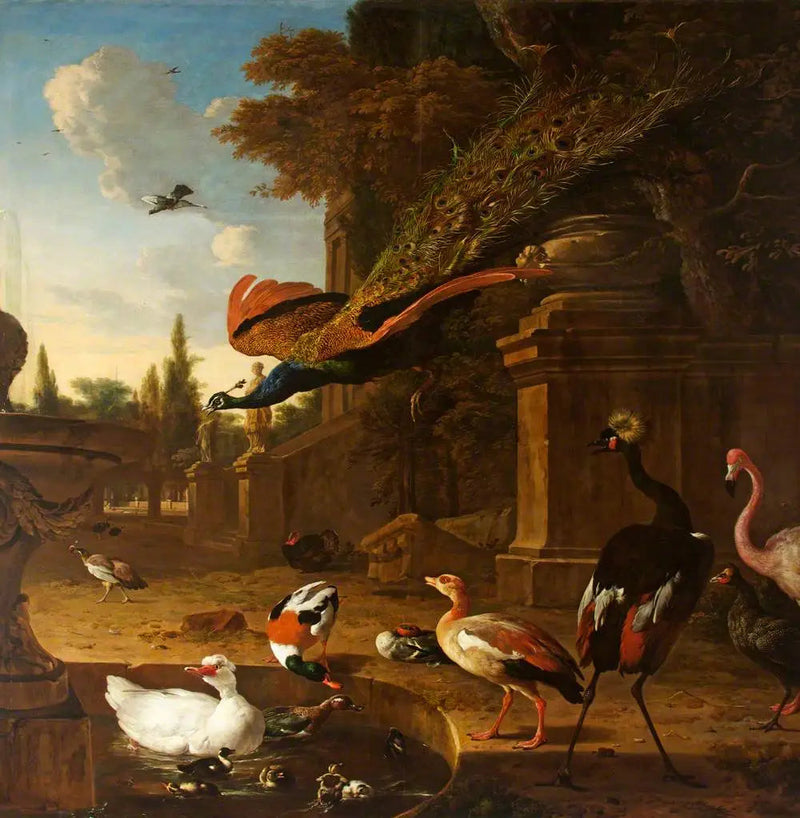 公園の池の中とそばにいる観賞用の鳥と飛ぶクジャク - メルキオール・ド・ホンデクーター