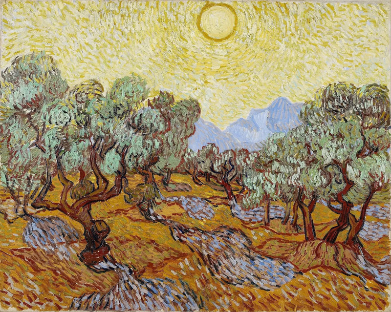 黄色い空と太陽のあるオリーブの木 - Vincent van Gogh