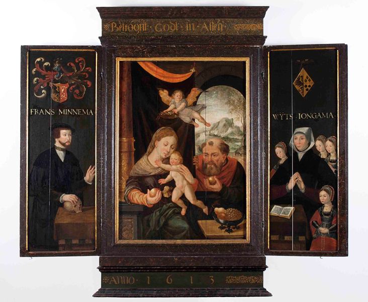 onderkant van Minnema-altaar middenpaneel drieluik: Maria met het kind Jezus op schoot, Jozef op achtergrond - Bernard van Orley image 1 copie peinte à la main à l’huile