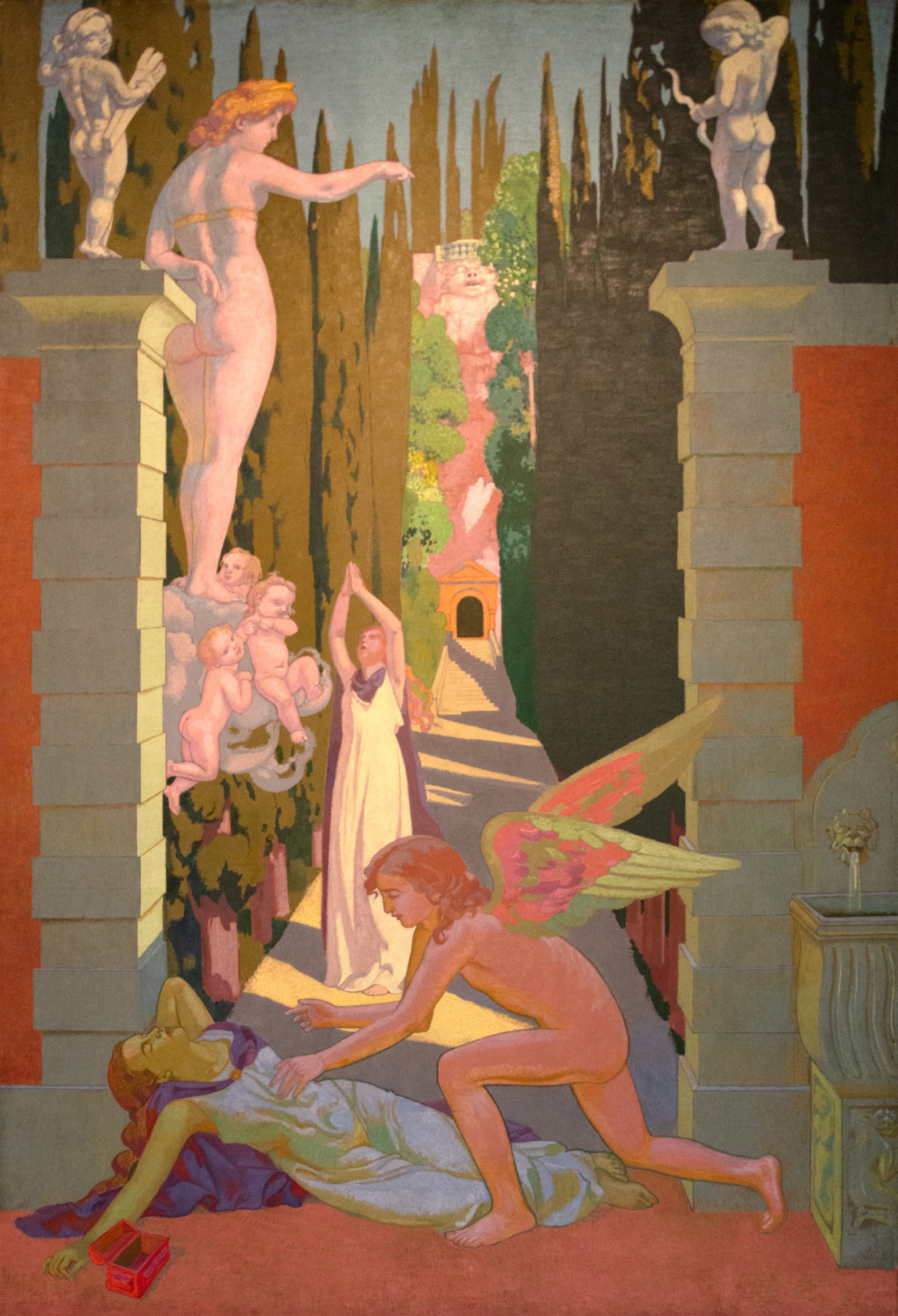 Panneau IV. Soumise par Vénus aux plus dures épreuves, Psyché, pour son malheur, cède une seconde fois à la curiosité : dans cette extrémité, elle est secourue par l'Amour - Maurice Denis image 1 reproduction de peinture à l’huile