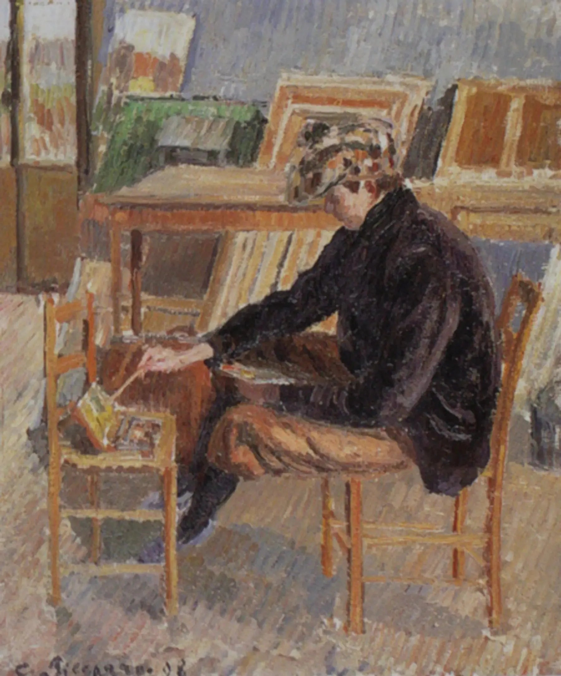 Paul-Émile Pissarro peignant, esquisse - Camille Pissarro image 1 reproduction d’œuvre d’art à l’huile