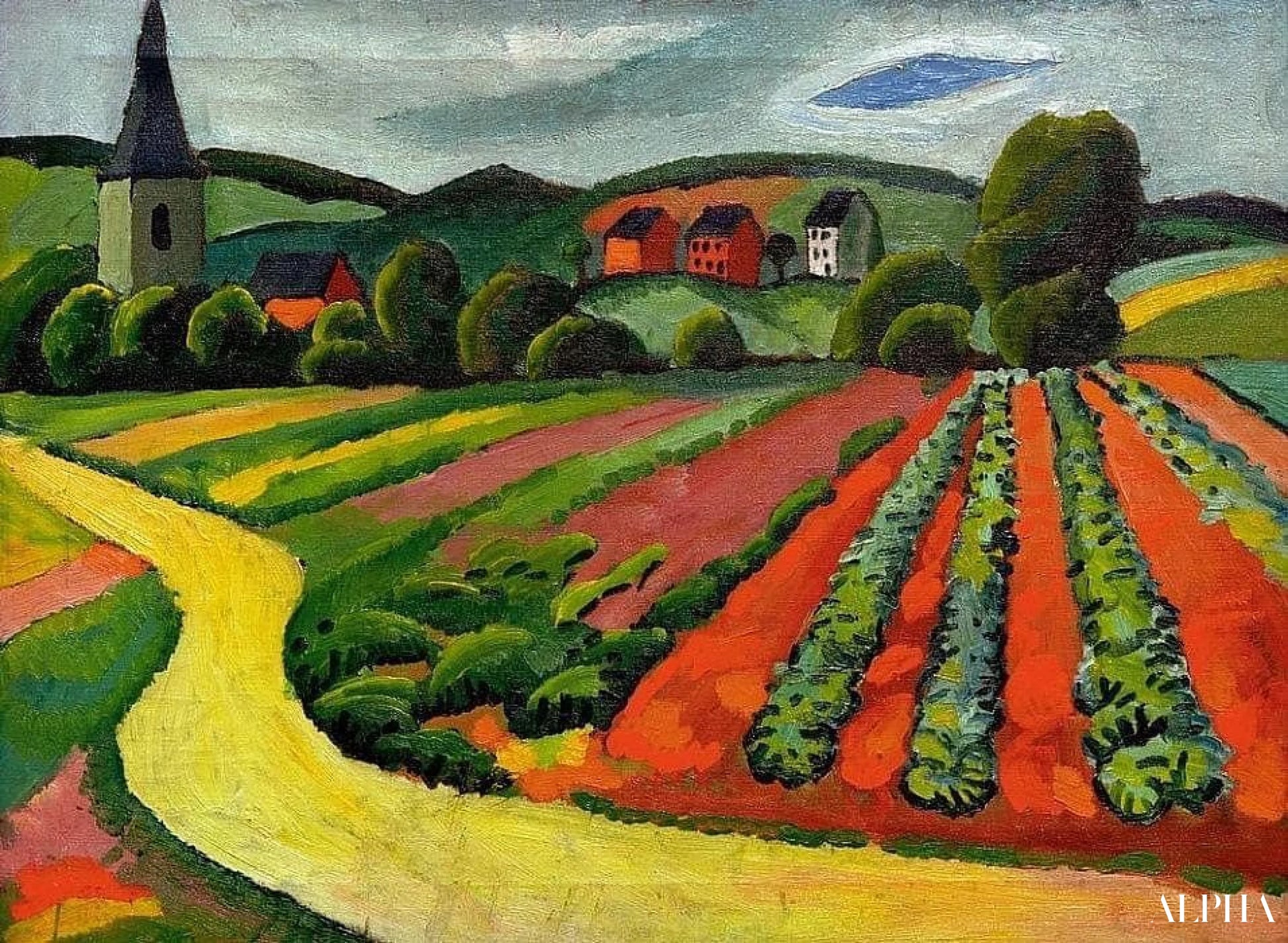 教会と道のある風景 - August Macke - 高級絵画および絵画の複製