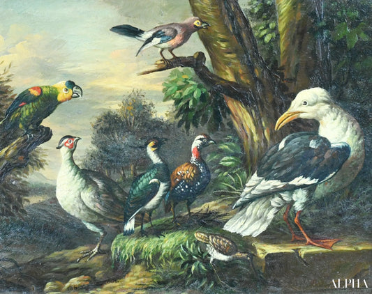 Paysage avec faisans, perroquet et divers oiseaux - Tobias Stranover - Reproductions de tableaux et peintures haut de gamme