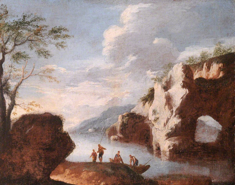 Paysage avec lac et grottes - Salvator Rosa image 1 reproduction artisanale de tableau