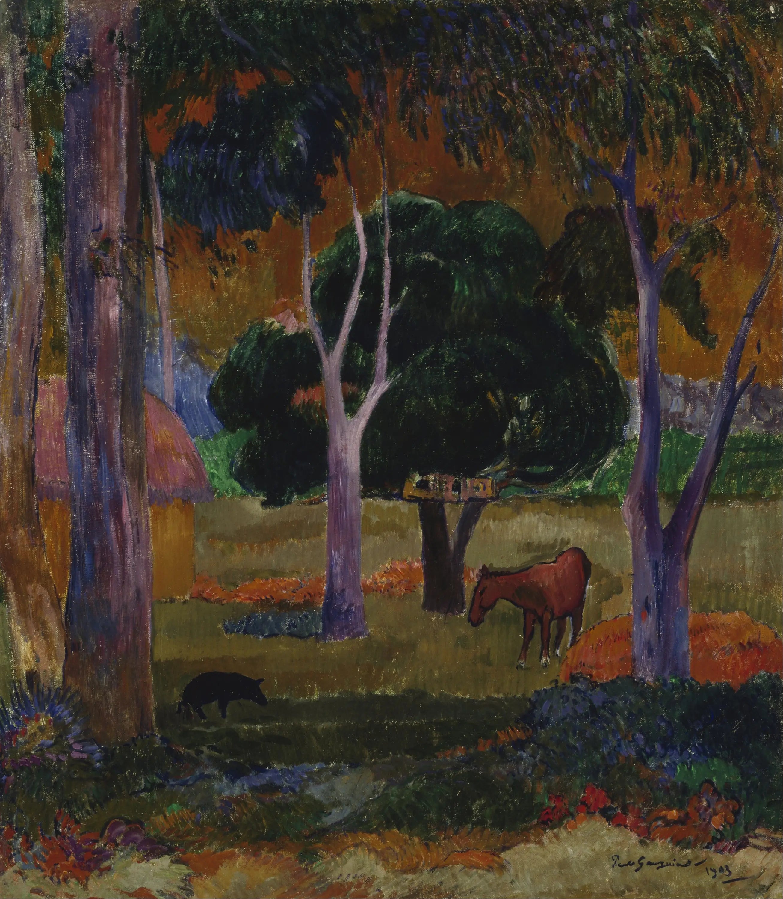 Reproduction du tableau « Paysage avec un cochon et un cheval - Paul Gauguin » par Alpha Reproduction en peinture à l’huile