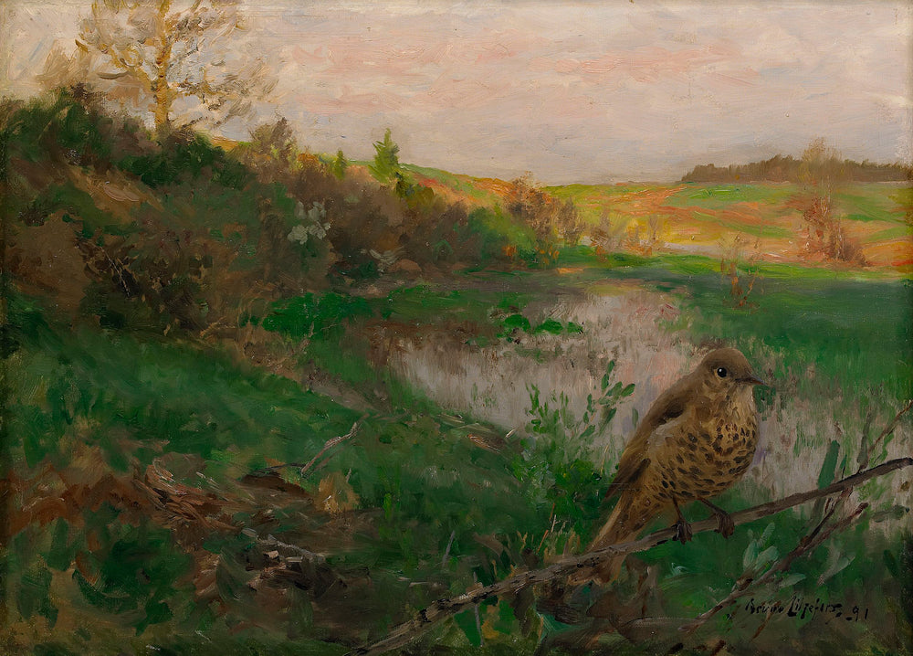 Paysage avec une grive musicienne au bord de l'eau - Bruno Liljefors image 1 reproduction d’œuvre d’art à l’huile
